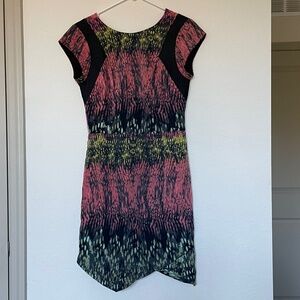 Charlie Jade Gorgeous PrintTulip Hem Silk Dress with Faux Leather Sleeve Accents